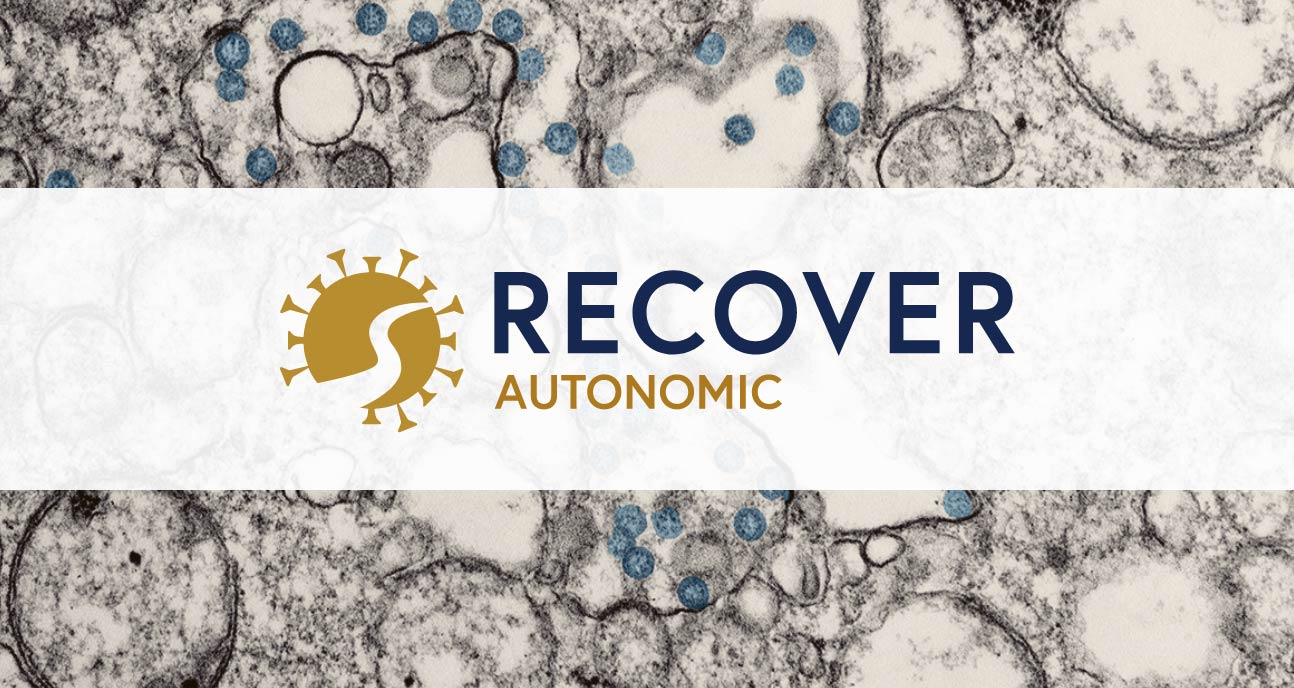 RECOVER AUTONOMIC logo overlayed on electron microscope image of human cells with viral particles.