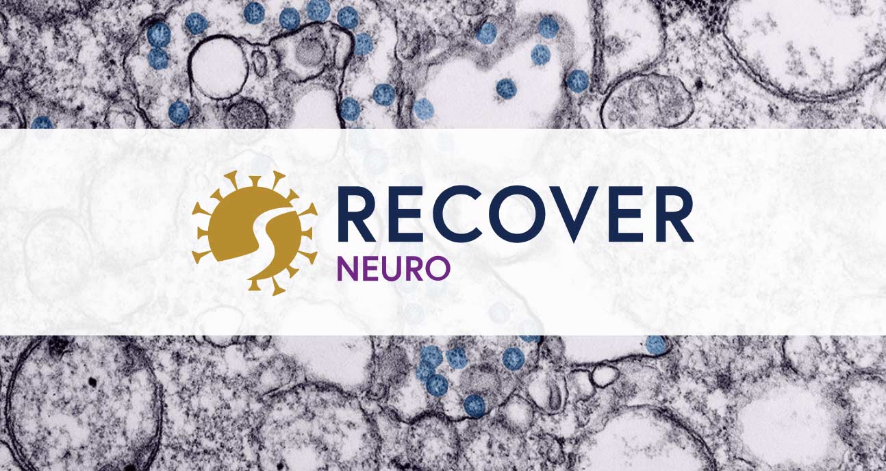 RECOVER NEURO logo overlayed on electron microscope image of human cells with viral particles