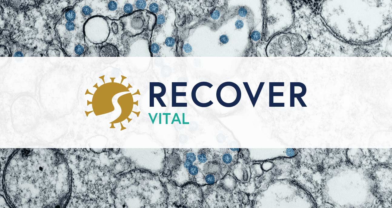 RECOVER VITAL logo overlayed on electron microscope image of human cells with viral particles