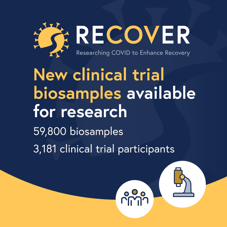 A blue graphic with the RECOVER logo that reads, "New clinical trial biosamples available for research: 59,800 biosamples, 3,181 clinical trial participants."