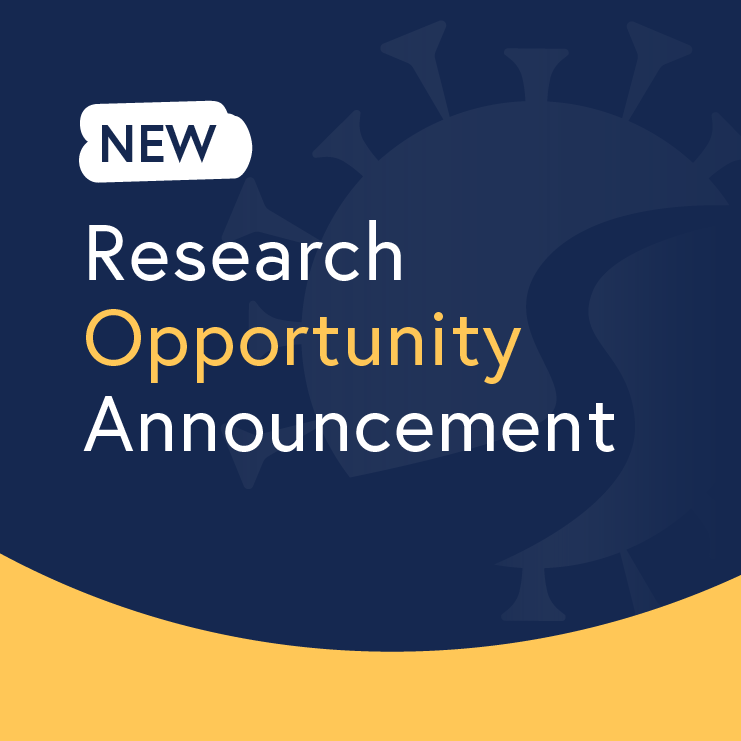 Graphic showcasing a blue background with a yellow portion near the bottom. Text is overlayed on the blue background that reads: "New Research Opportunity Announcement".
