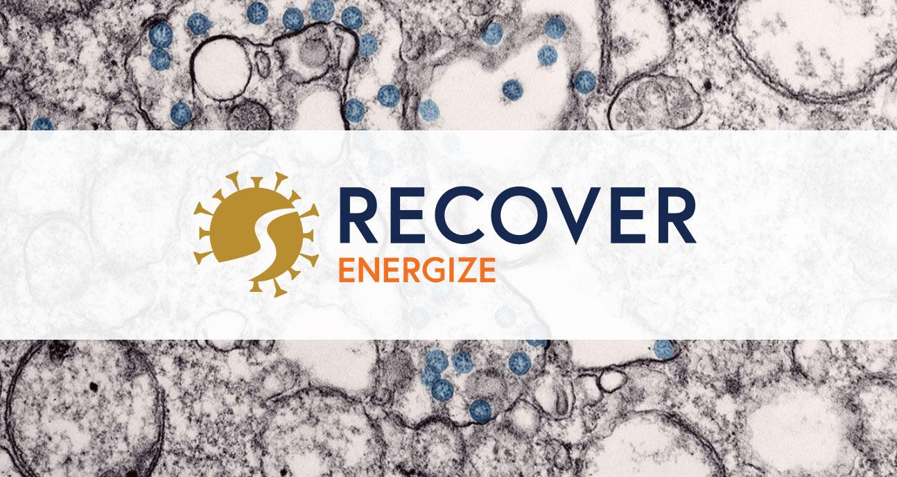 RECOVER-ENERGIZE logo overlayed on electron microscope image of human cells with viral particles.