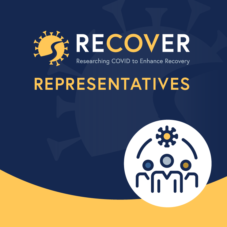 Graphic showcasing the RECOVER logo up top, with the word "Representatives" under it, capitalized. There is a circular icon showing three human icons standing together in the corner of the graphic.